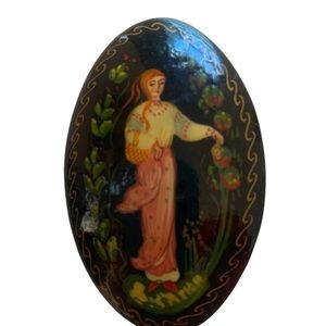 Vintage russian hand painted lacquer brooch pin slavik Signed woman flowers